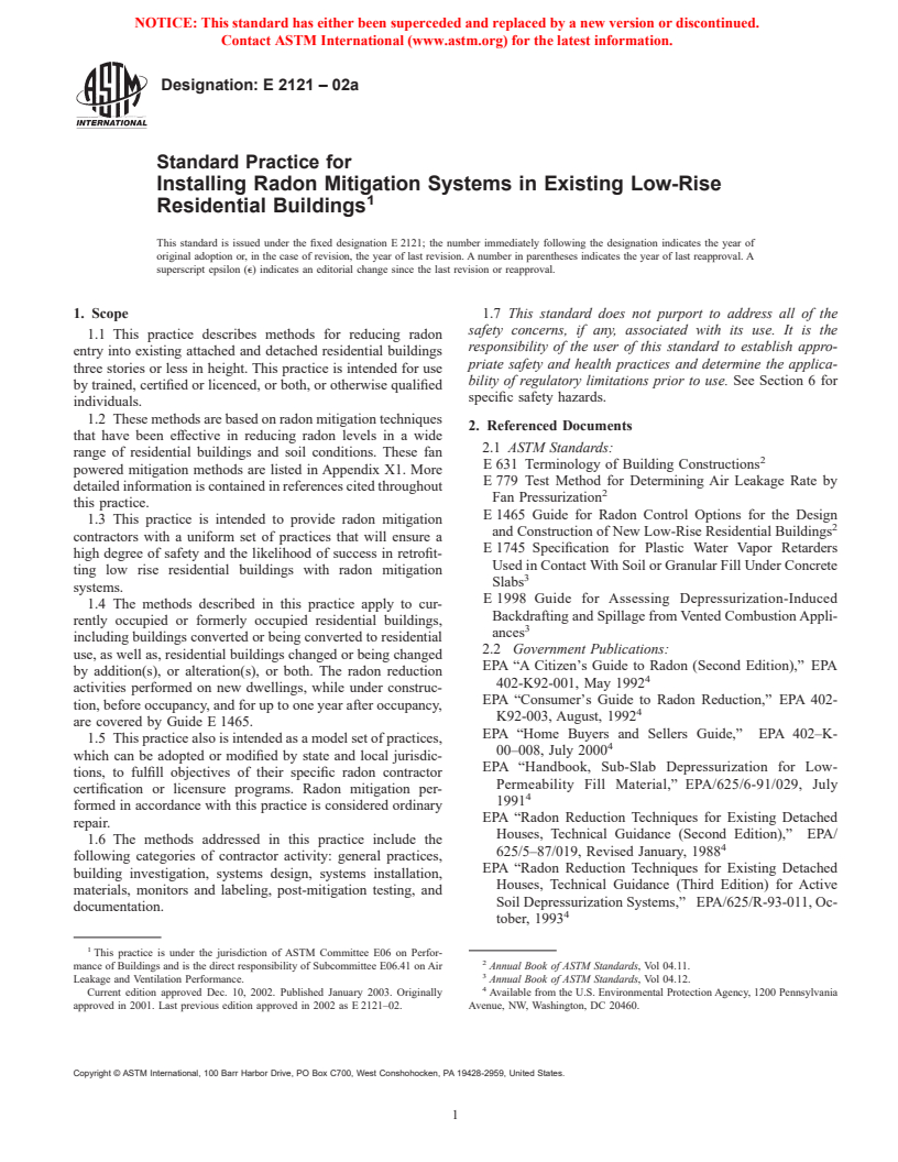 ASTM E2121-02a - Standard Practice for Installing Radon Mitigation Systems in Existing Low-Rise Residential Buildings