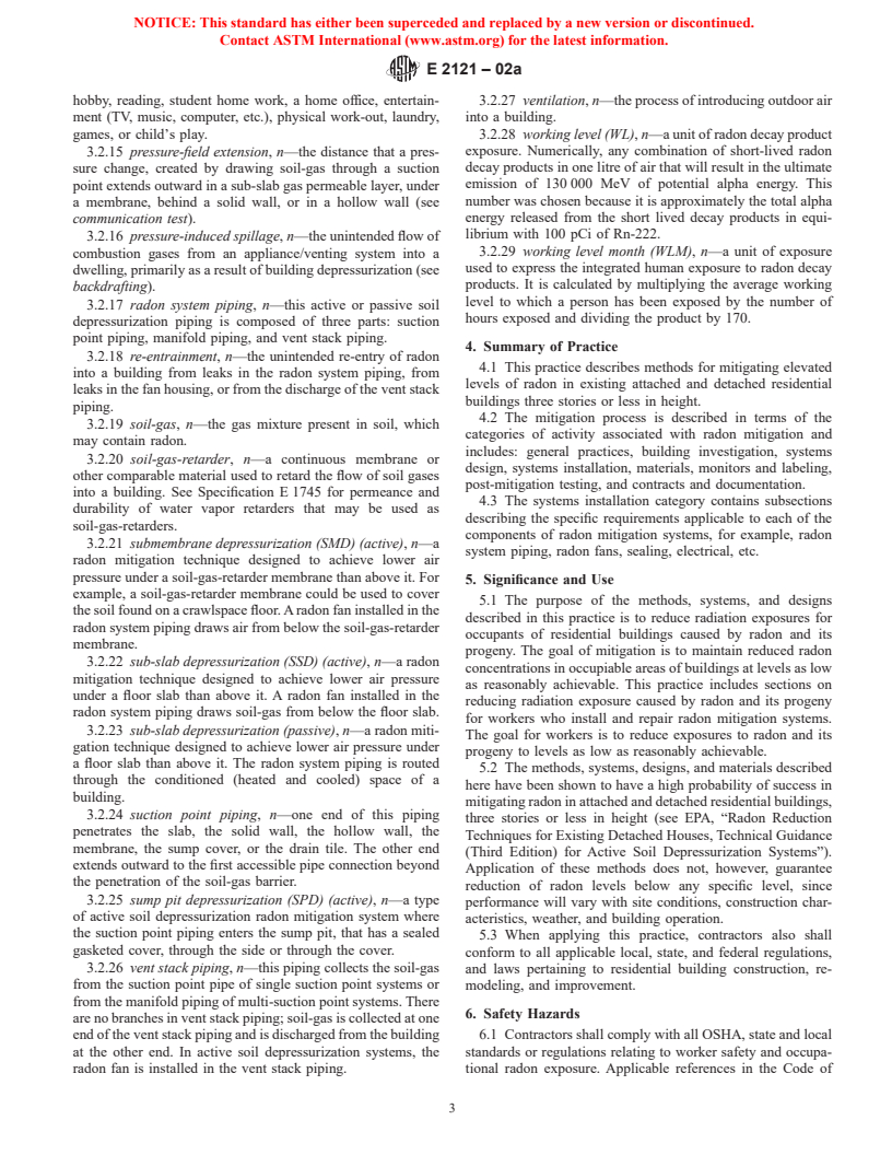 ASTM E2121-02a - Standard Practice for Installing Radon Mitigation Systems in Existing Low-Rise Residential Buildings