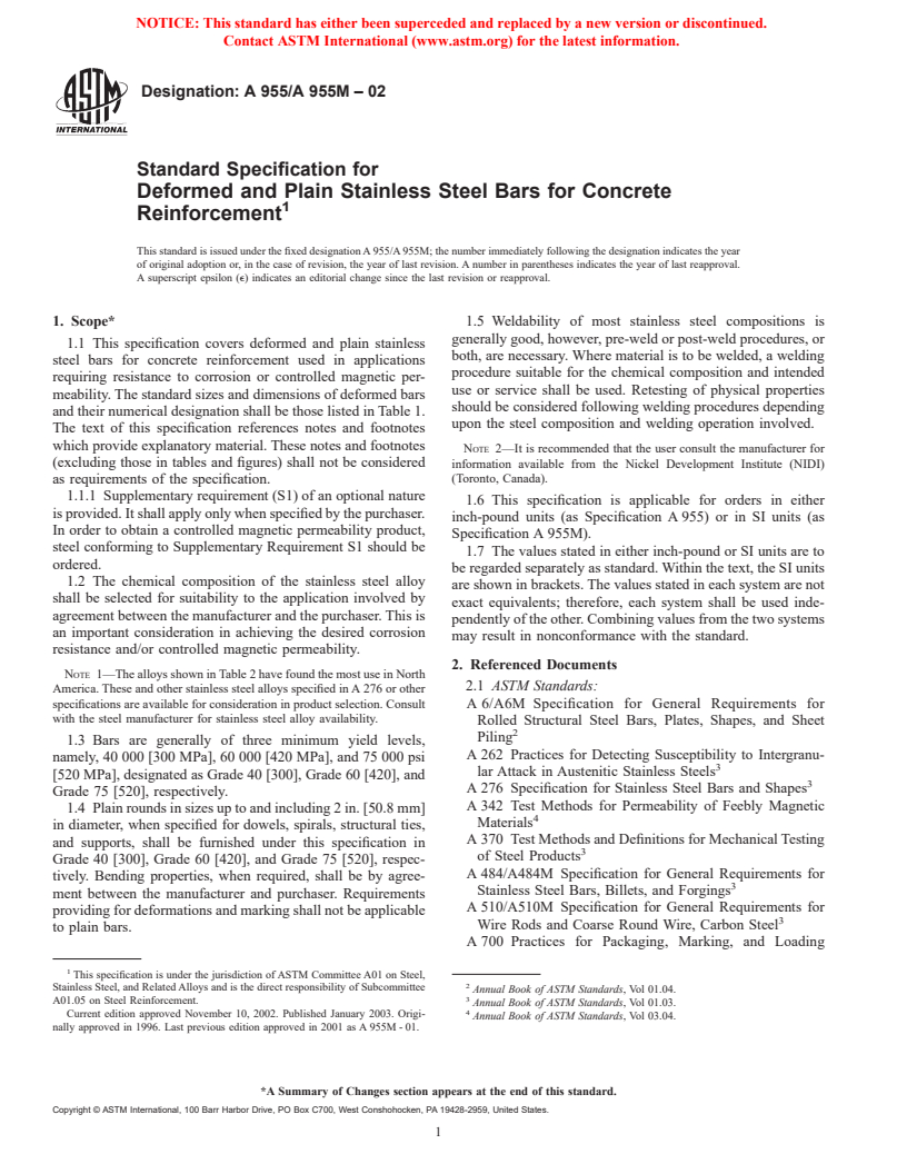 ASTM A955/A955M-02 - Standard Specification for Deformed and Plain Stainless Steel Bars for Concrete Reinforcement