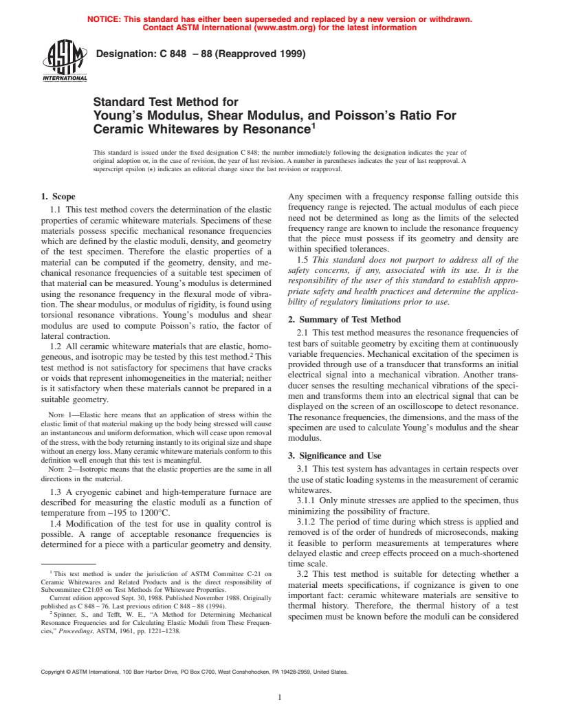 ASTM C848-88(1999) - Standard Test Method for Young's Modulus, Shear Modulus, and Poisson's Ratio For Ceramic Whitewares by Resonance