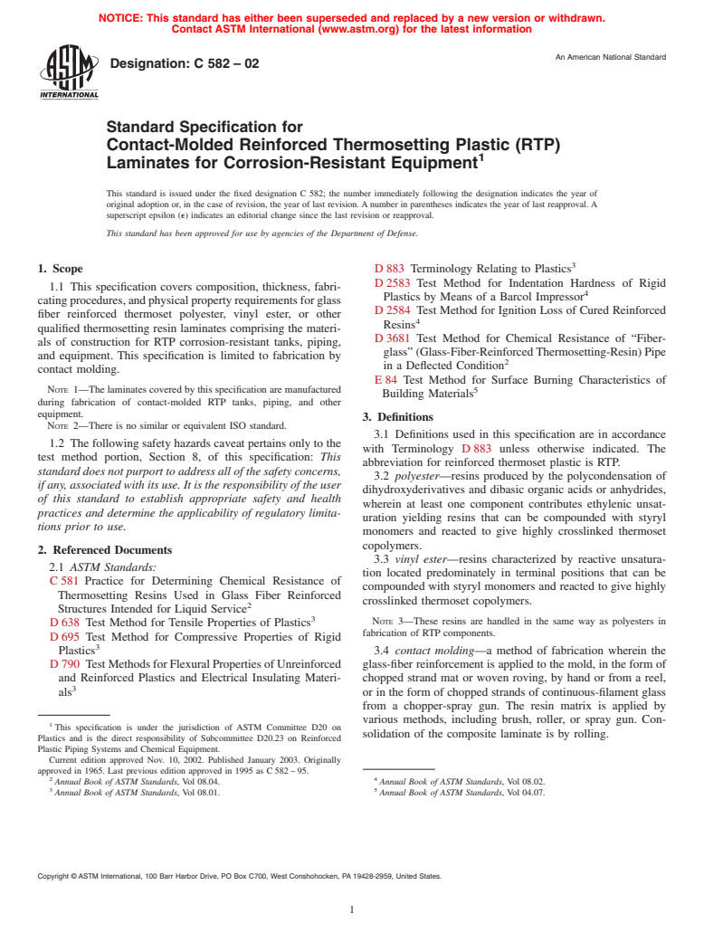 ASTM C582-02 - Standard Specification for Contact-Molded Reinforced Thermosetting Plastic (RTP) Laminates for Corrosion-Resistant Equipment