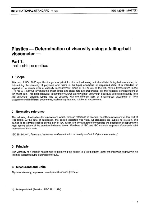 ISO 12058-1:1997 - Plastics -- Determination of viscosity using a falling-ball viscometer