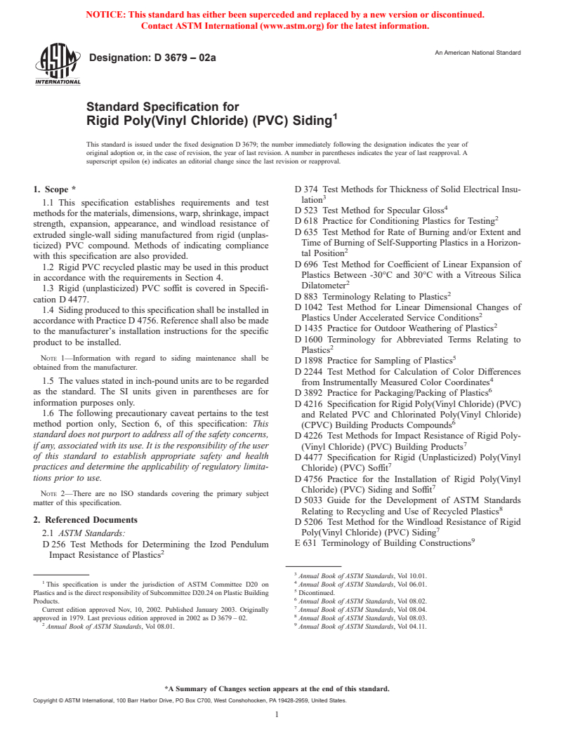 ASTM D3679-02a - Standard Specification for Rigid Poly(Vinyl Chloride) (PVC) Siding