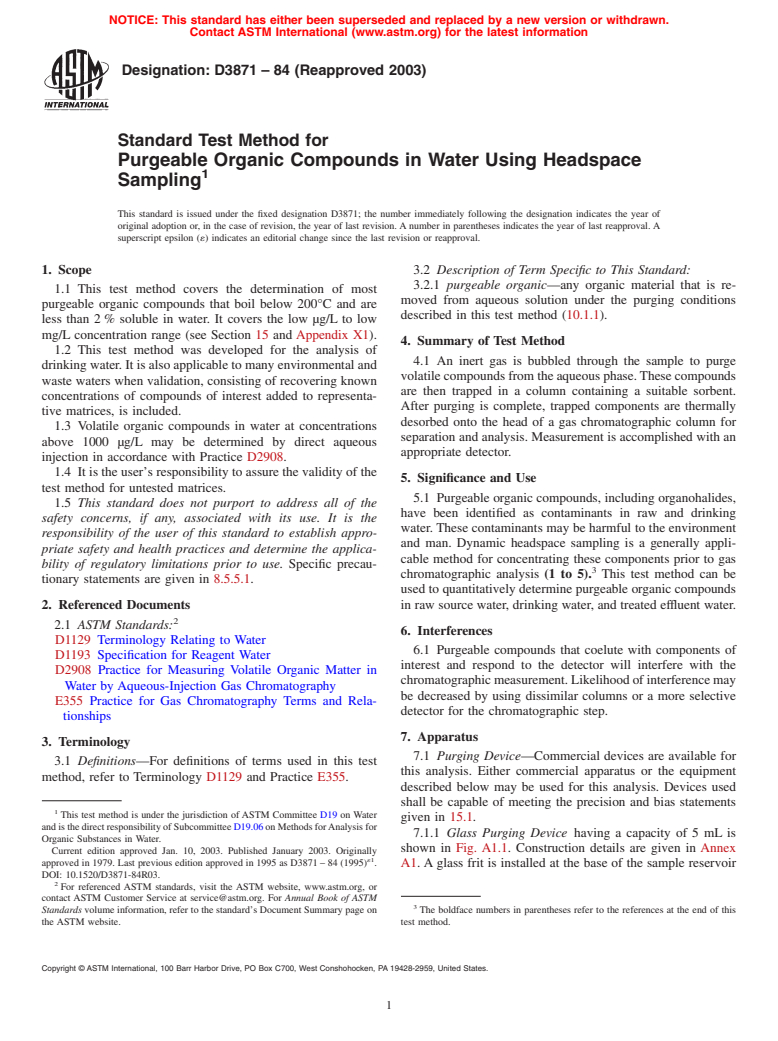 ASTM D3871-84(2003) - Standard Test Method for Purgeable Organic Compounds in Water Using Headspace Sampling