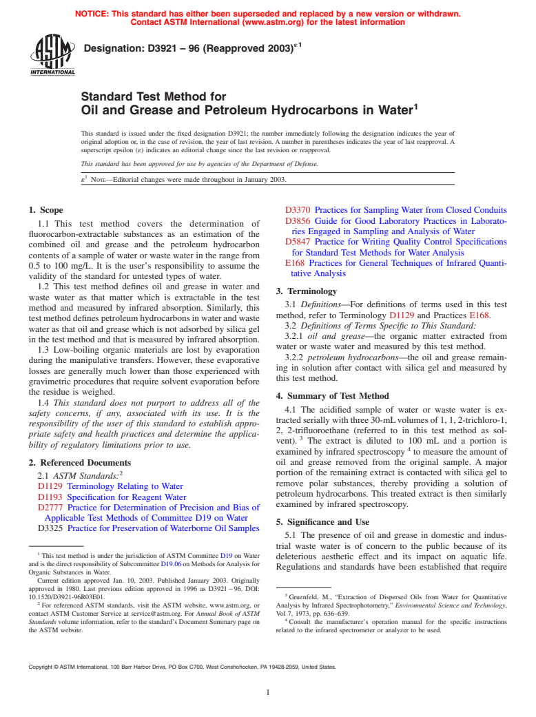 ASTM D3921-96(2003)e1 - Standard Test Method for Oil and Grease and Petroleum Hydrocarbons in Water