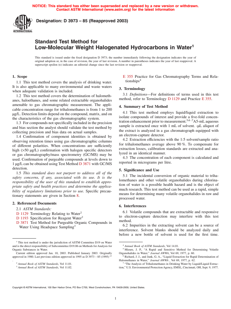 ASTM D3973-85(2003) - Standard Test Method for Low-Molecular Weight Halogenated Hydrocarbons in Water