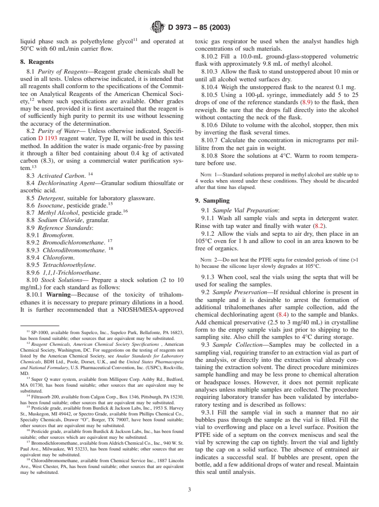 ASTM D3973-85(2003) - Standard Test Method for Low-Molecular Weight Halogenated Hydrocarbons in Water