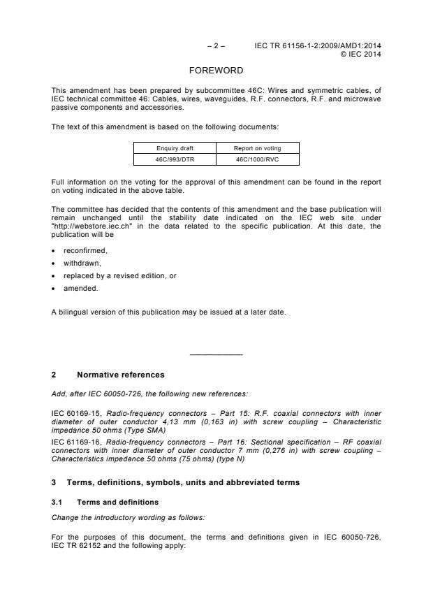 IEC TR 61156-1-2:2009/AMD1:2014 IEC TR 61156-1-2:2009/AMD1:2014 - Amendment 1 - Multicore and symmetrical pair/quad cables for digital communications - Part 1-2: Electrical transmission characteristics and test methods of symmetrical pair/quad cables - Page 4 preview