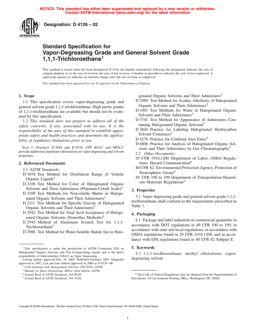 ASTM D4126-02 - Standard Specification for Vapor-Degreasing Grade and General Solvent Grade 1,1,1-Trichloroethane