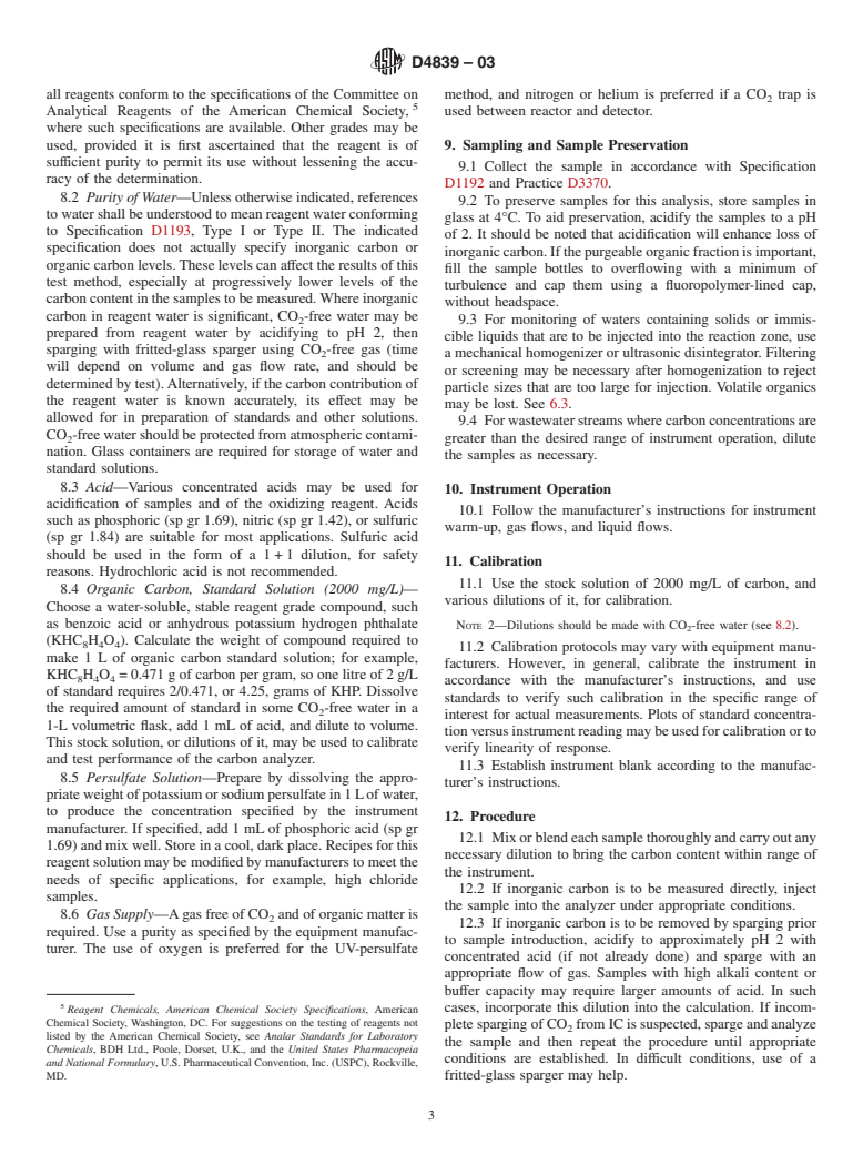 ASTM D4839-03 - Standard Test Method for Total Carbon and Organic Carbon in Water by Ultraviolet, or Persulfate Oxidation, or Both, and Infrared Detection