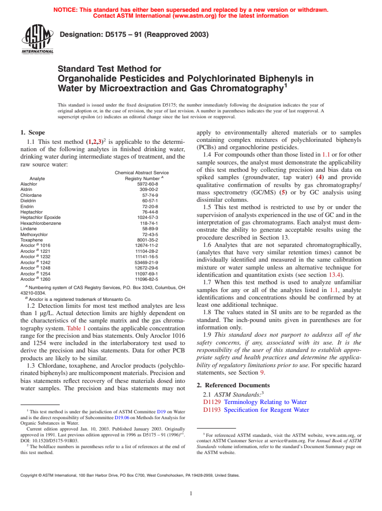 ASTM D5175-91(2003) - Standard Test Method for Organohalide Pesticides and Polychlorinated Biphenyls in Water by Microextraction and Gas Chromatography