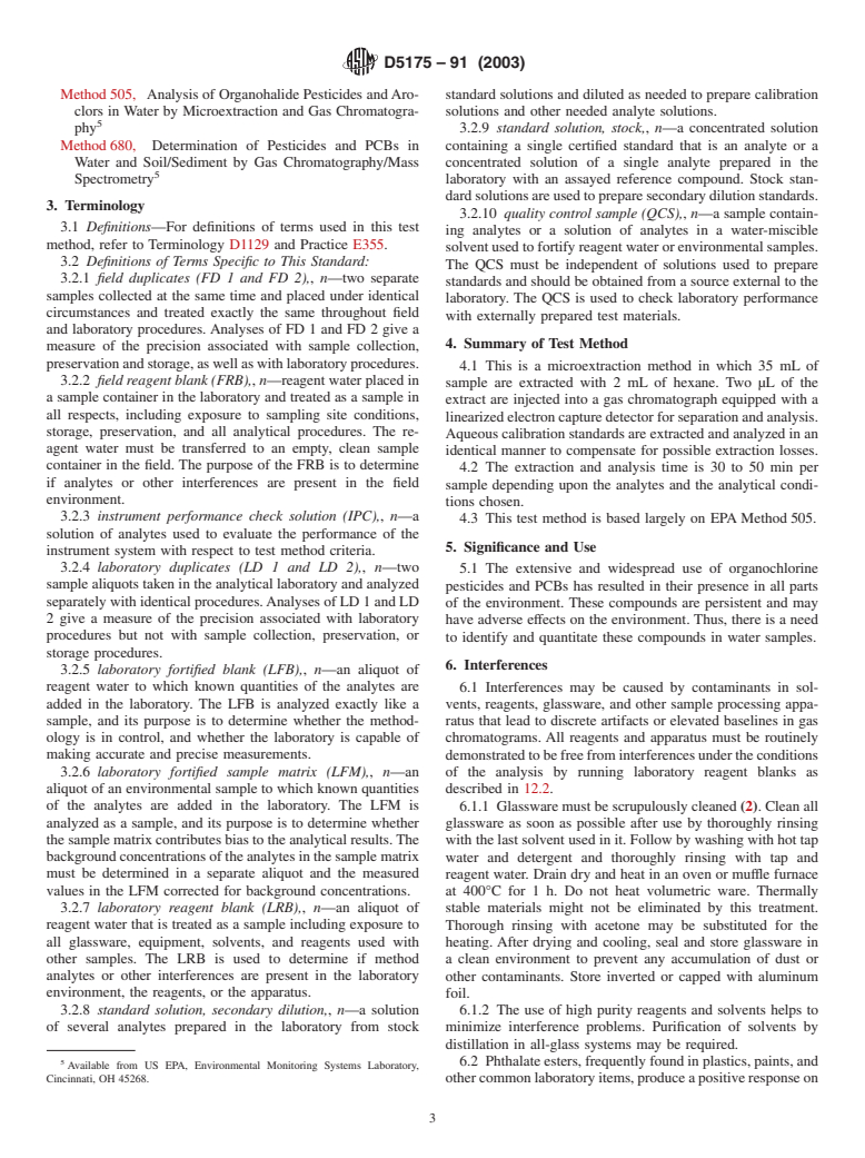 ASTM D5175-91(2003) - Standard Test Method for Organohalide Pesticides and Polychlorinated Biphenyls in Water by Microextraction and Gas Chromatography