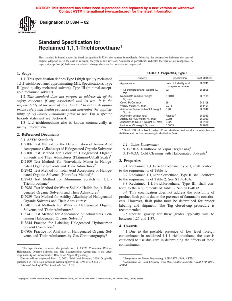 ASTM D5394-02 - Standard Specification for Reclaimed 1,1,1-Trichloroethane