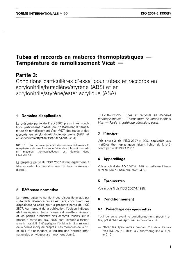 ISO 2507-3:1995 - Tubes et raccords en matieres thermoplastiques -- Température de ramollissement Vicat