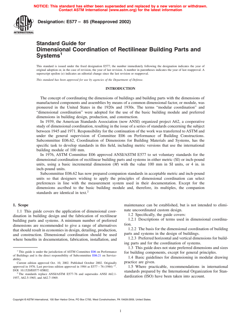 ASTM E577-85(2002) - Standard Guide for Dimensional Coordination of Rectilinear Building Parts and Systems (Withdrawn 2011)