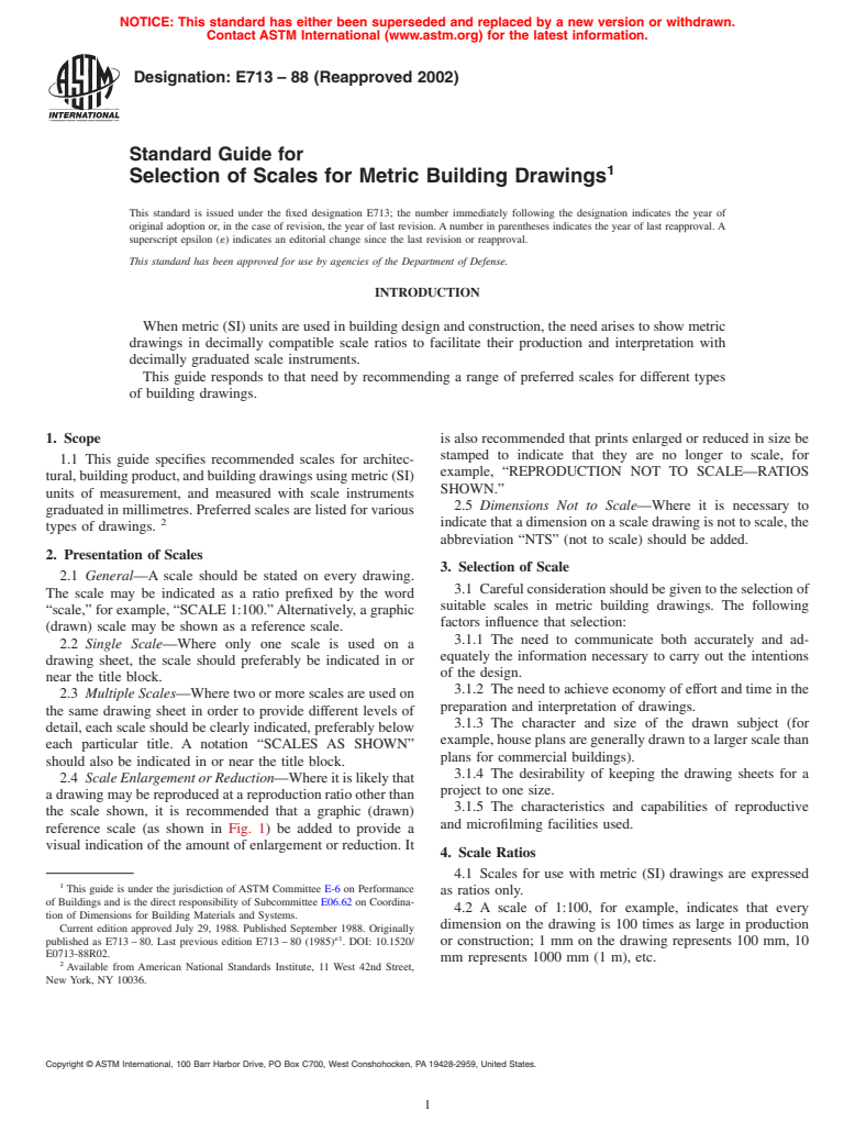 ASTM E713-88(2002) - Standard Guide for Selection of Scales for Metric Building Drawings (Withdrawn 2010)