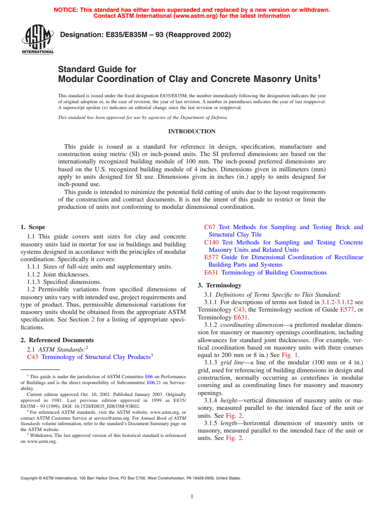 ASTM E835/E835M-93(2002) - Standard Guide for Modular Coordination of Clay and Concrete Masonry Units (Withdrawn 2011)