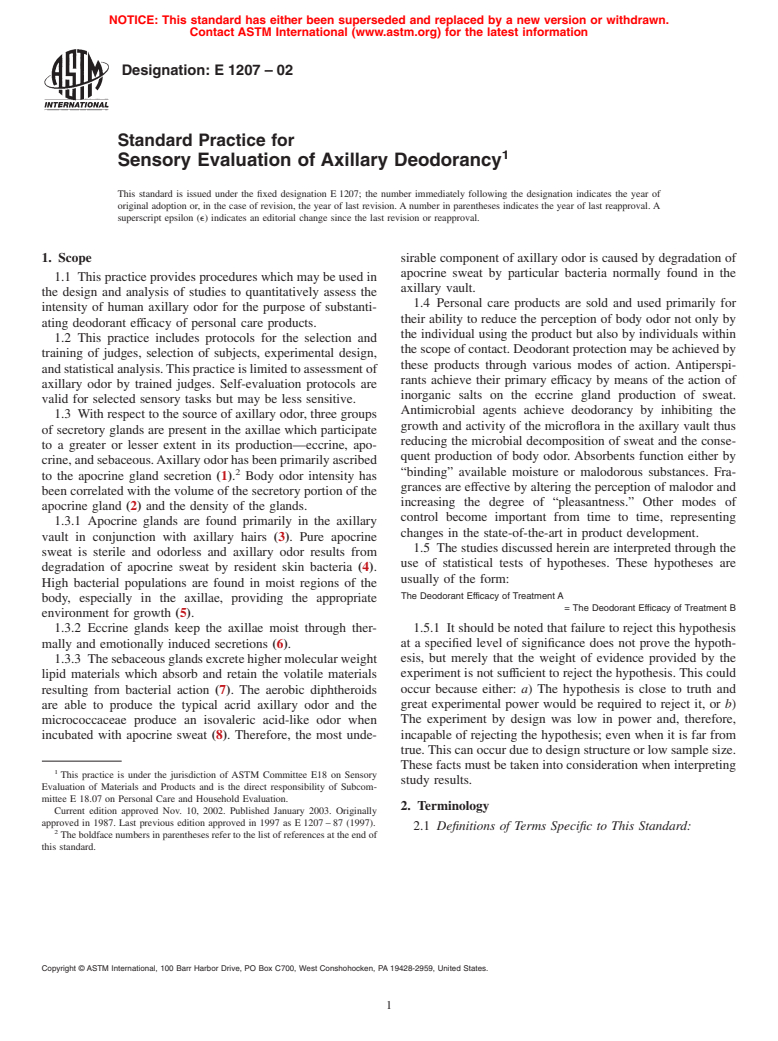 ASTM E1207-02 - Standard Practice for The Sensory Evaluation of Axillary Deodorancy