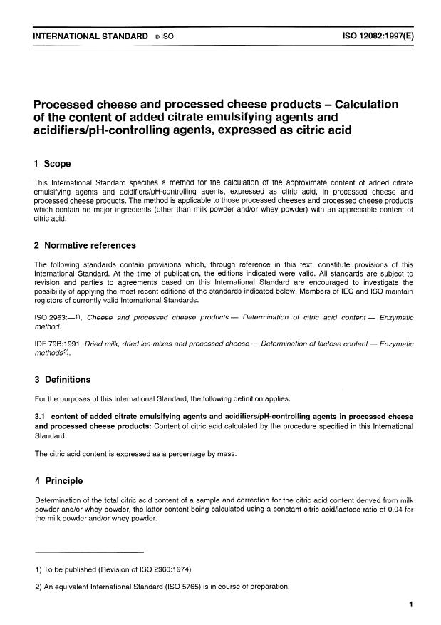 ISO 12082:1997 - Processed cheese and processed cheese products -- Calculation of the content of added citrate emulsifying agents and acidifiers/pH-controlling agents, expressed as citric acid