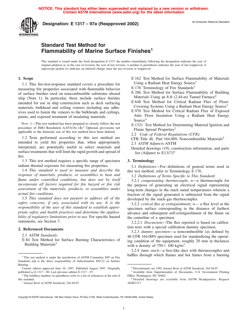 ASTM E1317-97a(2002) - Standard Test Method for Flammability of Marine Surface Finishes