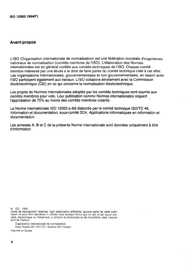 ISO 12083:1994 ISO 12083:1994 - Information et documentation -- Préparation et balisage de manuscrits électroniques - Page 2 preview