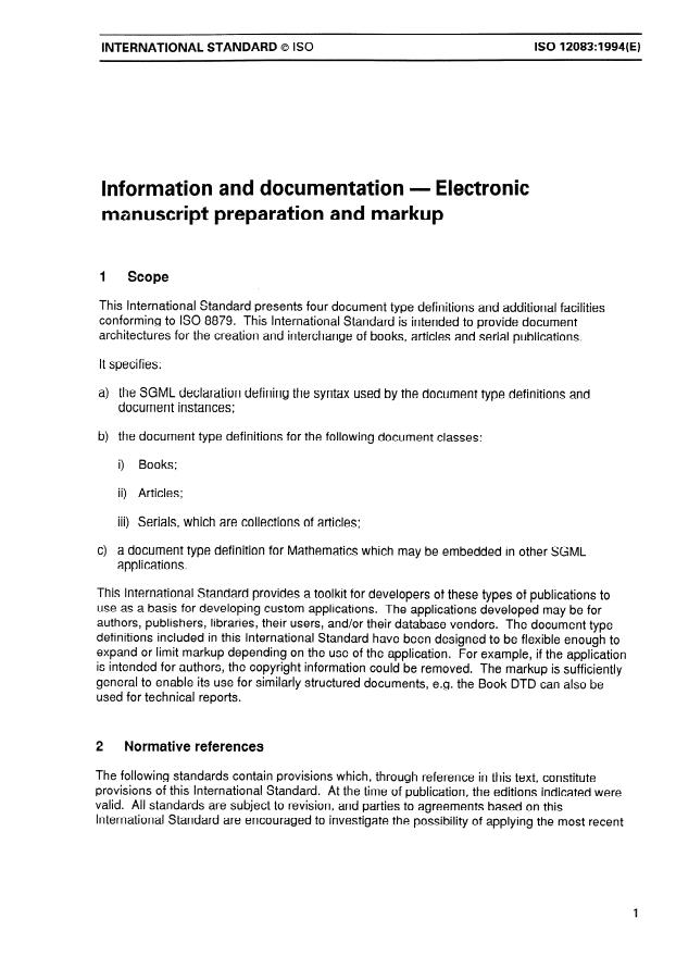 ISO 12083:1994 - Information and documentation -- Electronic manuscript preparation and markup