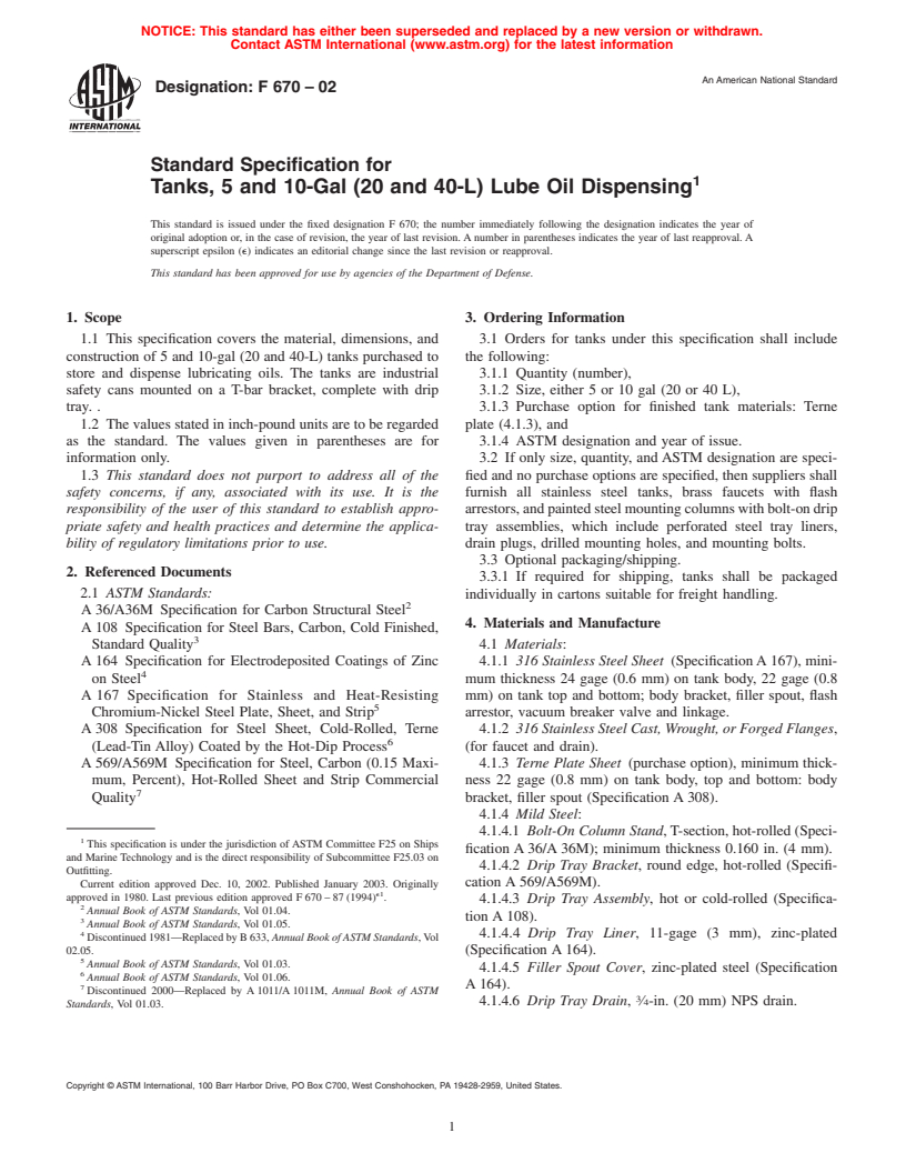 ASTM F670-02 - Standard Specification for Tanks, 5 and 10-Gal (20 and 40-L) Lube Oil Dispensing