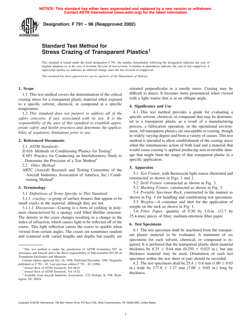 ASTM F791-96(2002) - Standard Test Method for Stress Crazing of Transparent Plastics