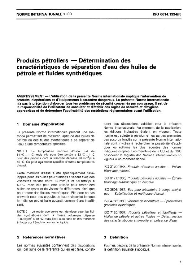 ISO 6614:1994 - Produits pétroliers -- Détermination des caractéristiques de séparation d'eau des huiles de pétrole et fluides synthétiques