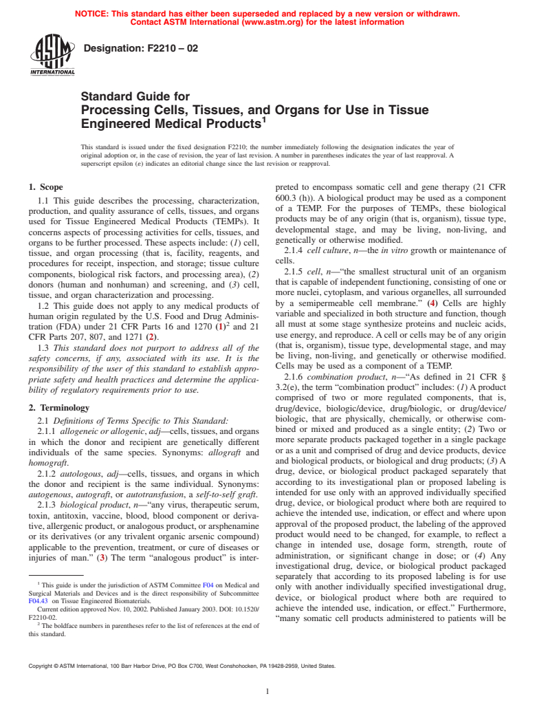 ASTM F2210-02 - Standard Guide for Processing Cells, Tissues, and Organs for Use in Tissue Engineered Medical Products