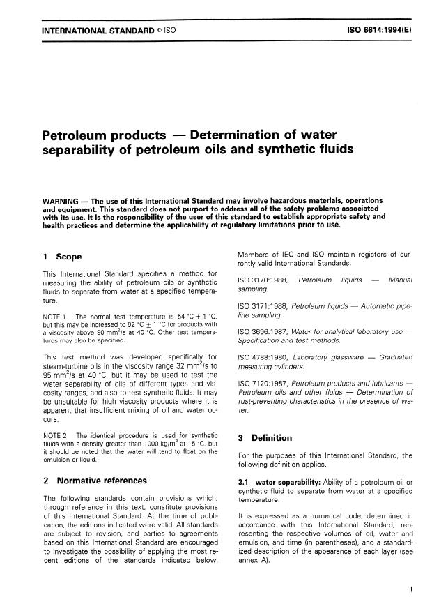 ISO 6614:1994 - Petroleum products -- Determination of water separability of petroleum oils and synthetic fluids