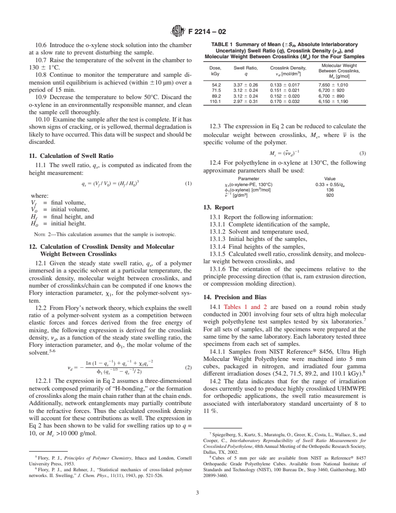 ASTM F2214-02 - Standard Test Method for<i>In Situ</i> Determination of Network Parameters of Crosslinked Ultra High Molecular Weight Polyethylene (UHMWPE)