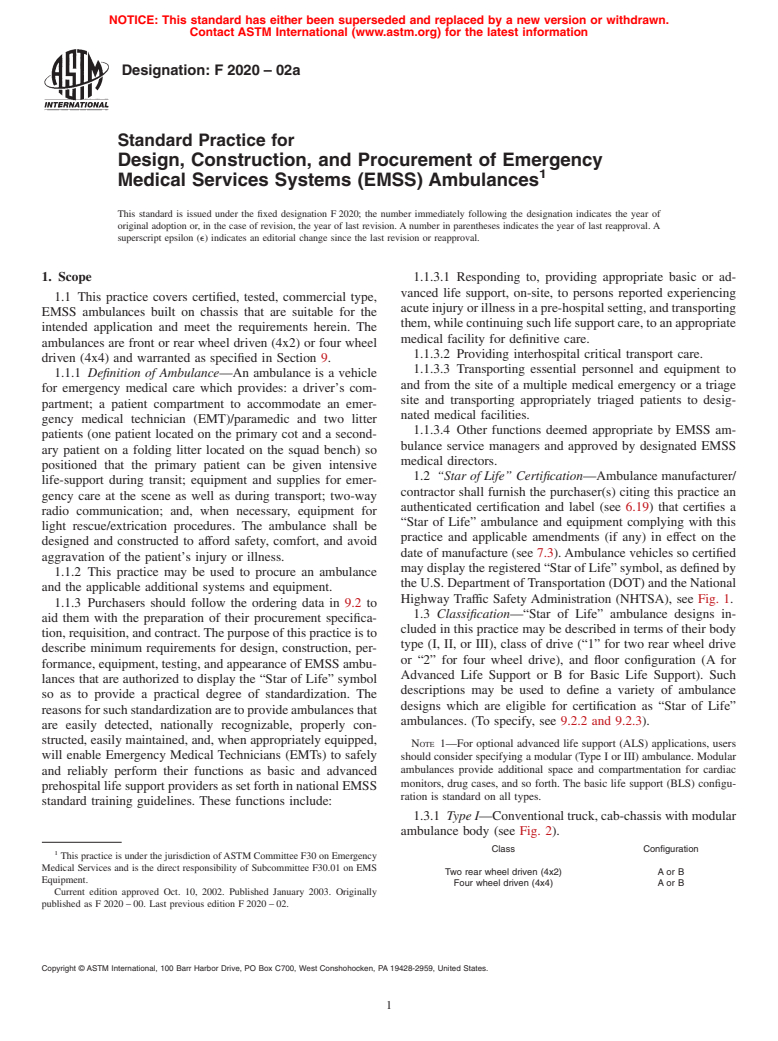 ASTM F2020-02a - Standard Practice for Design, Construction, and Procurement of Emergency Medical Services Systems (EMSS) Ambulances