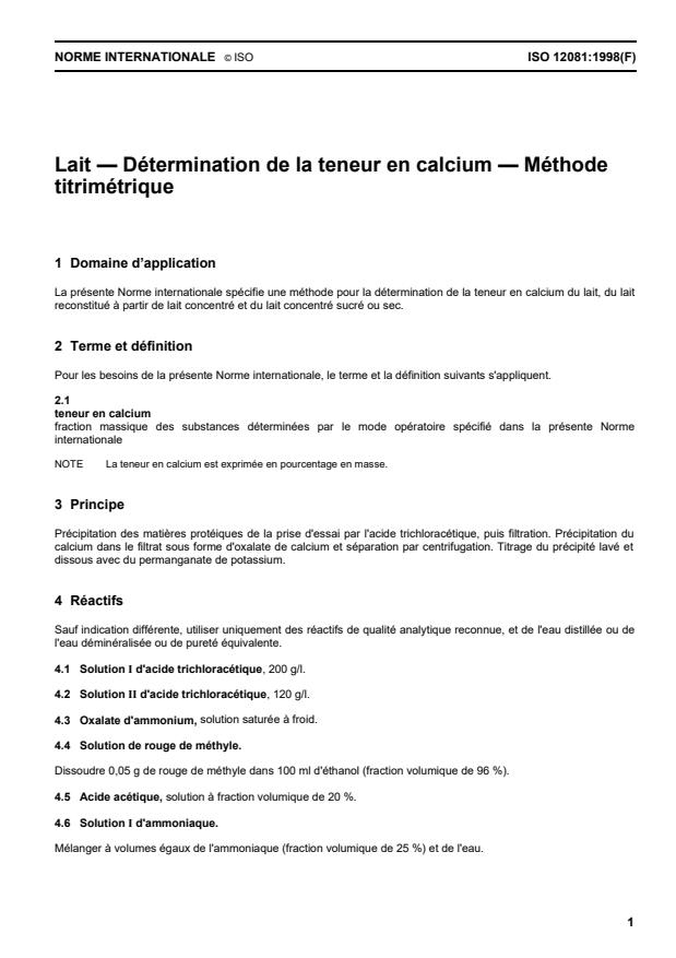 ISO 12081:1998 - Lait -- Détermination de la teneur en calcium -- Méthode titrimétrique