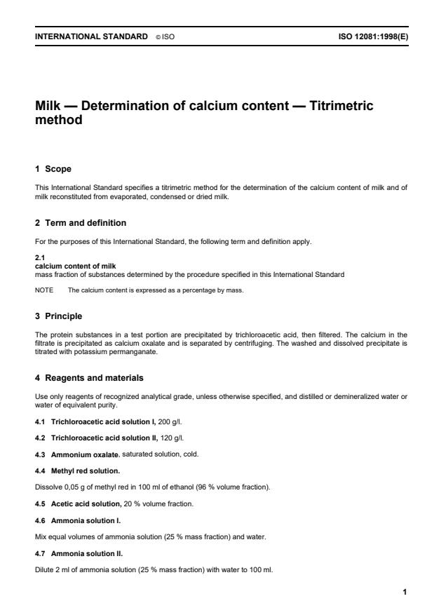 ISO 12081:1998 - Milk -- Determination of calcium content -- Titrimetric method