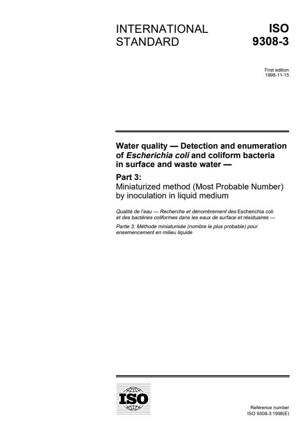 ISO 9308-3:1998 - Water quality -- Detection and enumeration of 	Escherichia coli and coliform bacteria