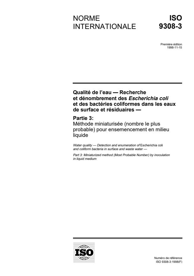 ISO 9308-3:1998 - Qualité de l'eau -- Recherche et dénombrement des Escherichia coli et des bactéries coliformes