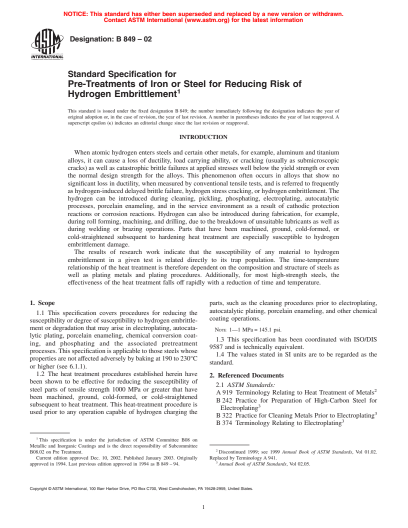 ASTM B849-02 - Standard Specification for Pre-Treatments of Iron or Steel for Reducing Risk of Hydrogen Embrittlement