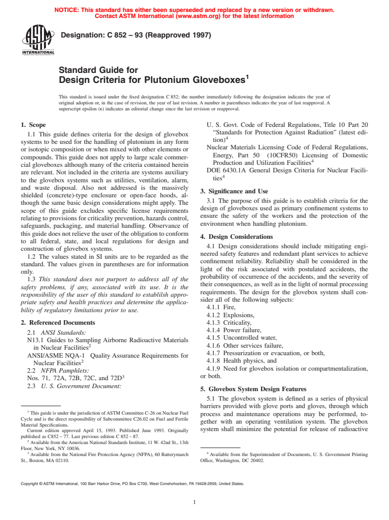 ASTM C852-93(1997) - Standard Guide for Design Criteria for Plutonium Gloveboxes (Withdrawn 2006)