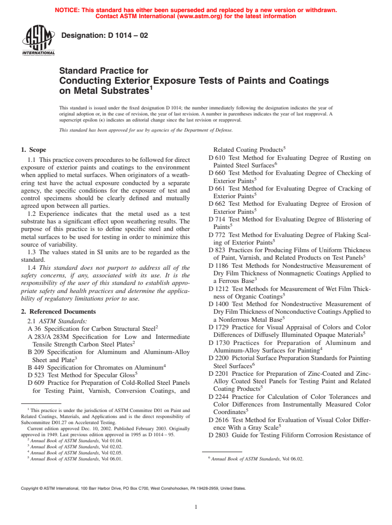 ASTM D1014-02 - Standard Practice for Conducting Exterior Exposure Tests of Paints and Coatings on Metal Substrates