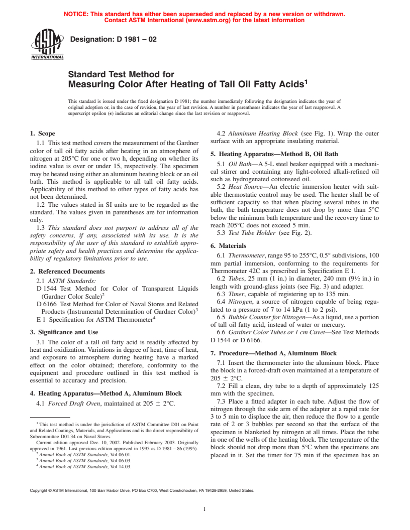 ASTM D1981-02 - Standard Test Method for Measuring Color After Heating of Tall Oil Fatty Acids