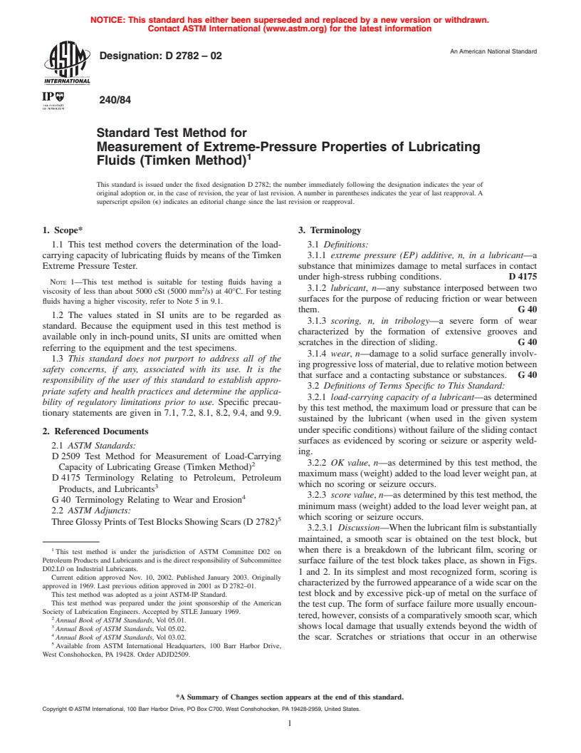 ASTM D2782-02 - Standard Test Method for Measurement of Extreme-Pressure Properties of Lubricating Fluids (Timken Method)