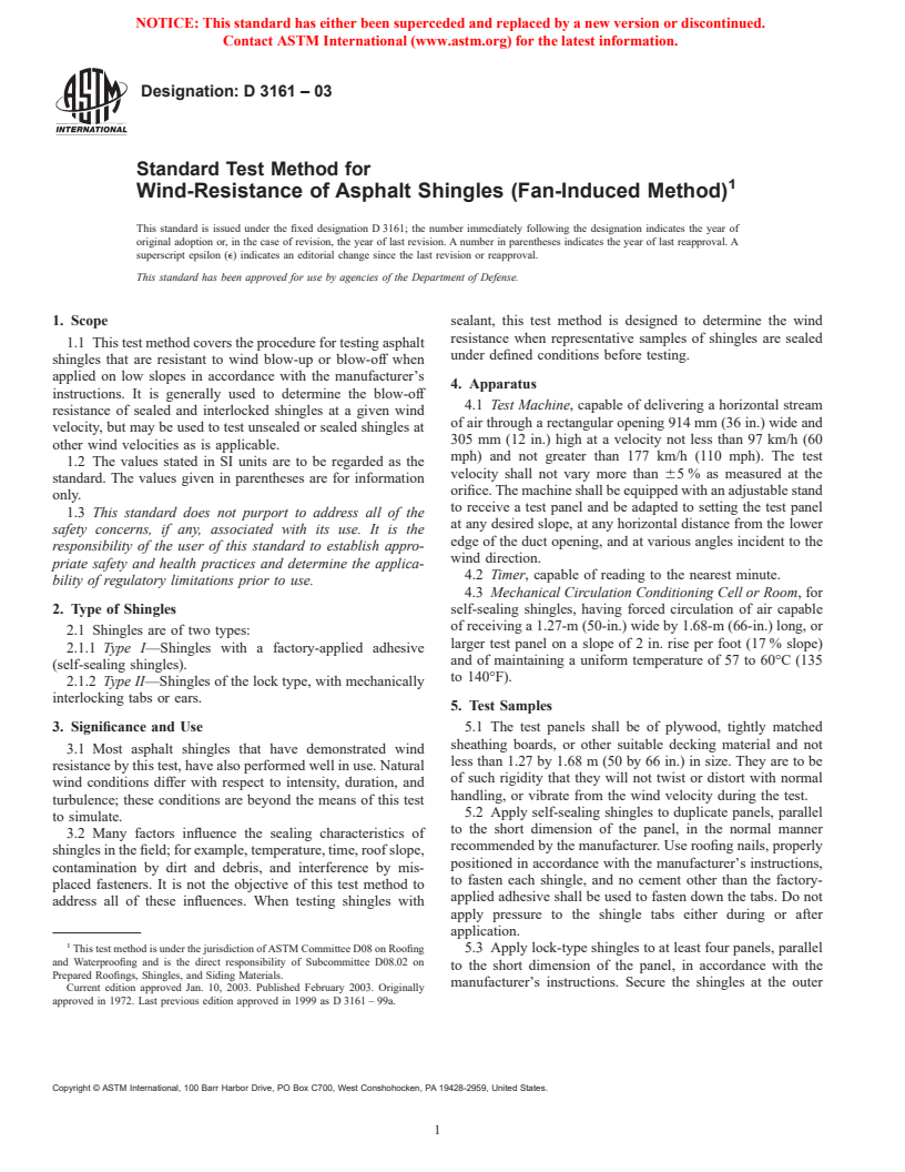 ASTM D3161-03 - Standard Test Method for Wind-Resistance of Asphalt Shingles (Fan-Induced Method)
