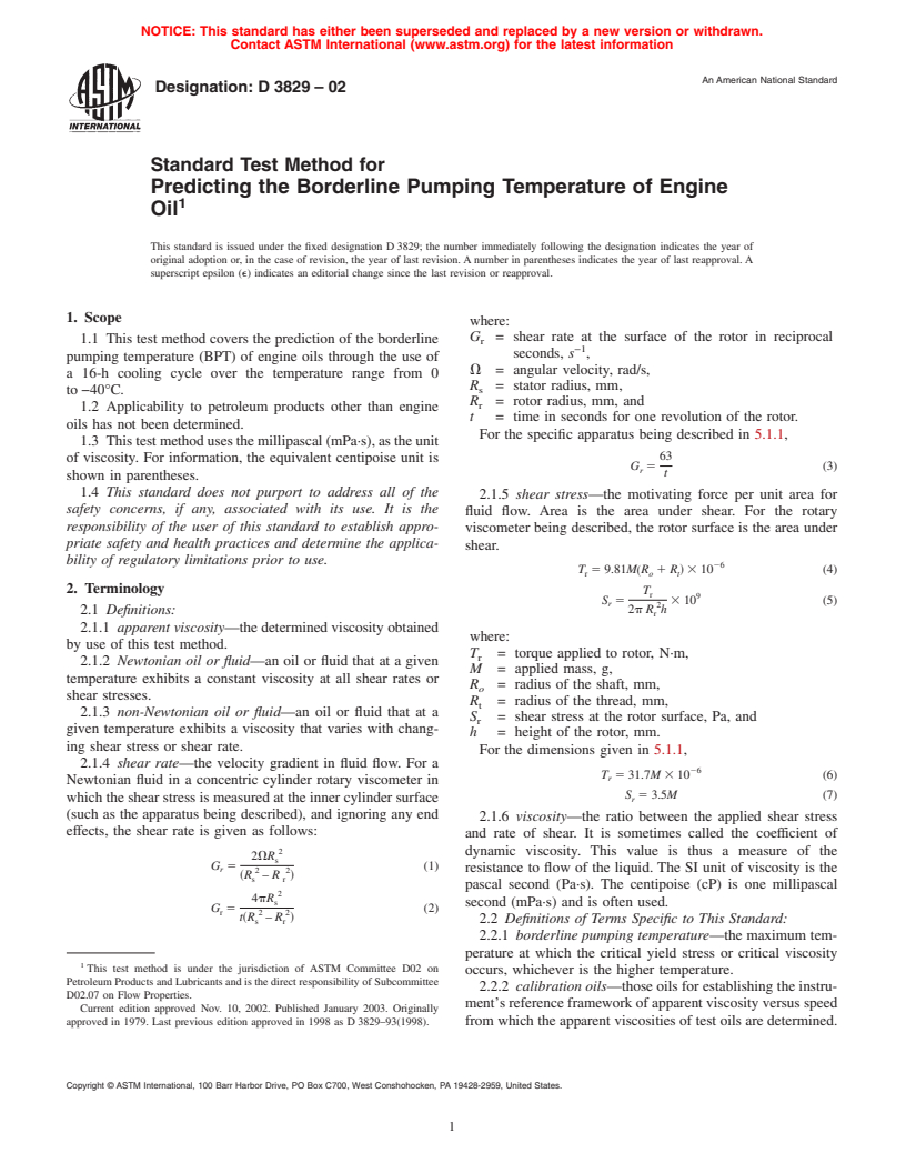 ASTM D3829-02 - Standard Test Method for Predicting the Borderline Pumping Temperature of Engine Oil