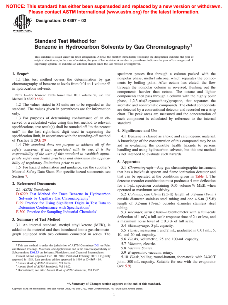 ASTM D4367-02 - Standard Test Method for Benzene in Hydrocarbon Solvents by Gas Chromatography