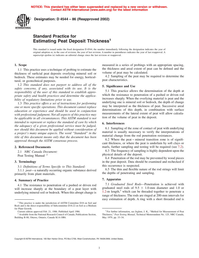 ASTM D4544-86(2002) - Standard Practice for Estimating Peat Deposit Thickness