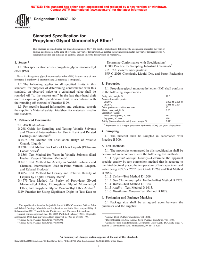 ASTM D4837-02 - Standard Specification for Propylene Glycol Monomethyl Ether