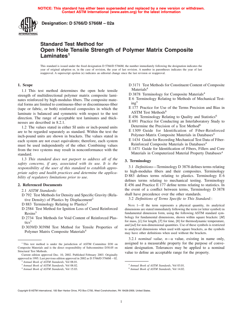 ASTM D5766/D5766M-02a - Standard Test Method for Open Hole Tensile Strength of Polymer Matrix Composite Laminates