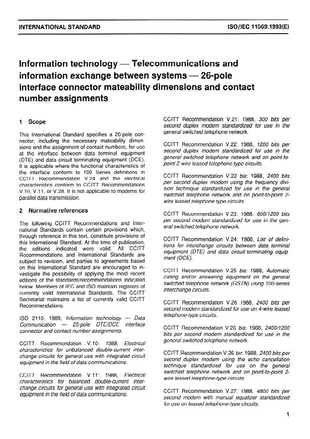 ISO/IEC 11569:1993 - Information technology -- Telecommunications and information exchange between systems -- 26-pole interface connector mateability dimensions and contact number assignments