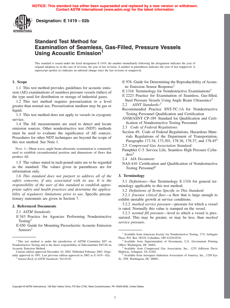 ASTM E1419-02b - Standard Test Method for Examination of Seamless, Gas- Filled, Pressure Vessels Using Acoustic Emission